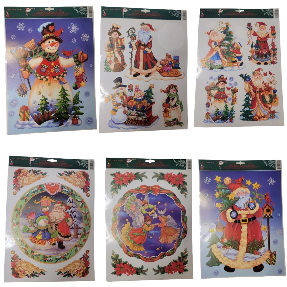 Window Clings Vintage Glitter Lot Of 6 Santa Snowman Angels Birds Decor